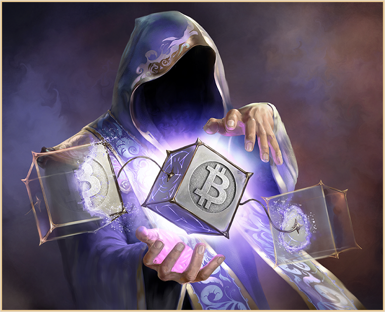Purple Coated Mage has a Cube with BCH logo floating above his palms