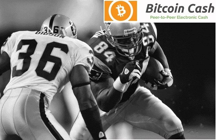 Two NFL players and Bitcoin Cash logo in top right corner