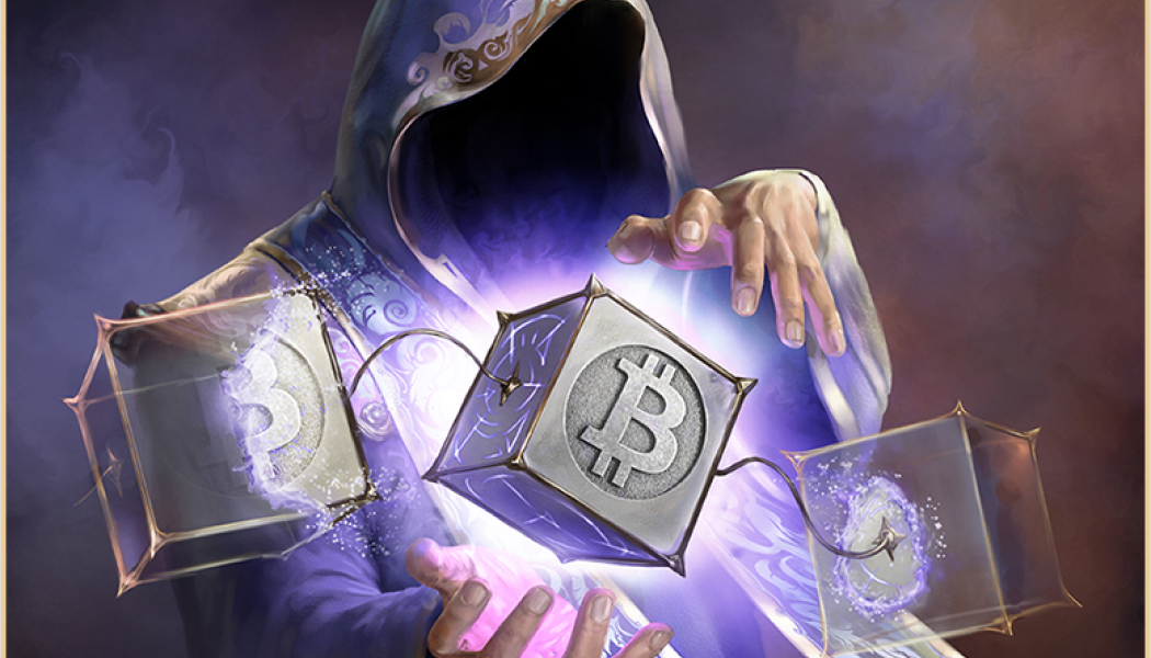Purple Coated Mage has a Cube with BCH logo floating above his palms