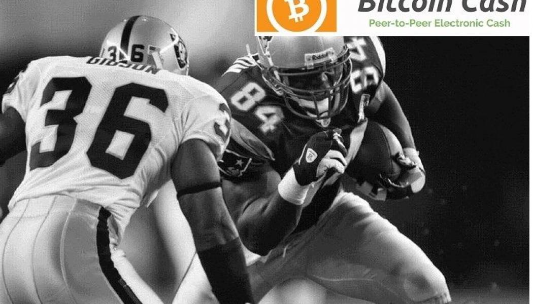 Two NFL players and Bitcoin Cash logo in top right corner